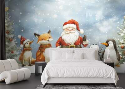 A festive watercolor illustration of New Year animals and Santa Claus, featuring a snowman, fox, and penguin, for Christmas card creation. Wall mural