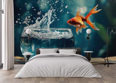 A fish bowl and a goldfish mid-leap, water splashing, symbolizing the daring leap into the unknown, the thrill of new adventures. Wall mural