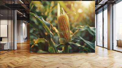 A fresh corncob partially husked, revealing golden kernels, set against the backdrop of a sunlit organic corn field in the morning Wall mural