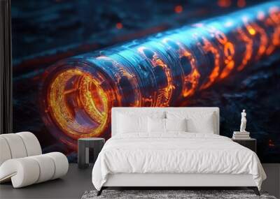 A futuristic, glowing pipe with intricate blue and orange designs running along its length, emitting a warm light. Wall mural