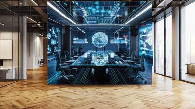 A futuristic conference room with transparent screens, holographic presentations, and advanced communication tools Wall mural