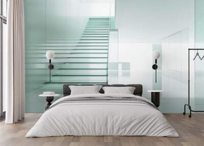 A glass staircase with a minimalist design, leading to a higher floor, Wall mural