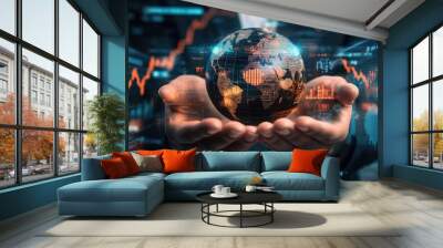 A globe formed by currency symbols and gears rests in a pair of hands, with a background of financial charts and data streams. Wall mural