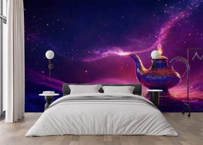 A glowing magic genie lamp on a mystical purple background, evoking enchanted Arabian nights and abstract magic Wall mural