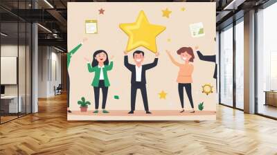 A happy employee proudly holding a golden star award as colleagues applaud, celebrating achievement in a joyful office setting Wall mural