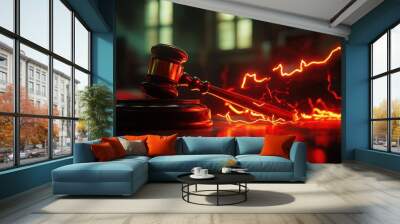 A judge gavel crackling with red lightning, resting on the table, illustrating the intense power and seriousness of the courtroom Wall mural