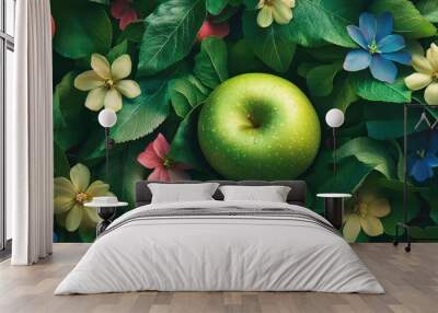 A juicy green apple rests amidst a bed of green leaves and colorful flowers, evoking a sense of freshness and vitality. Wall mural