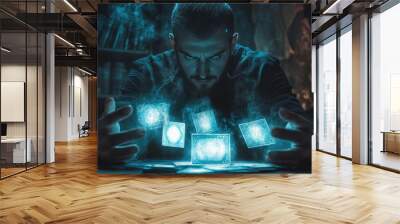 A magician dramatically displays cards with glowing backs, with the light illuminating his hands and face in a mystical setting Wall mural