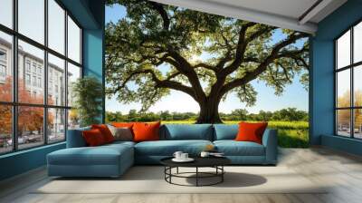 A majestic oak tree with sprawling branches, surrounded by lush green grass and a clear blue sky on a sunny day Wall mural