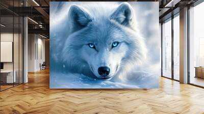 A majestic white wolf with intense blue eyes, depicted in a beautiful digital painting of wildlife. Wall mural