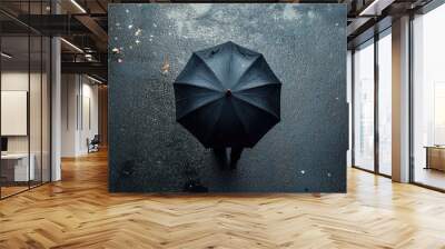 A man holding an umbrella viewed from above, standing on a rain-soaked sidewalk, offering a unique rainy day concept with copy space. Wall mural