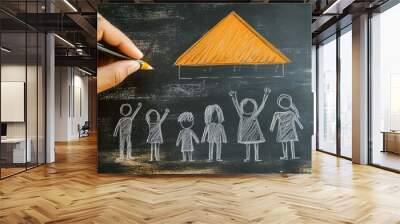 A man illustrates a roof over a chalkboard family, symbolizing the aspiration of home ownership and the protection of family Wall mural