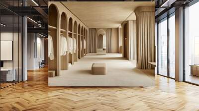 A peaceful dressing room featuring natural wood shelves and soft curtains, in a bright minimalist setting. Wall mural