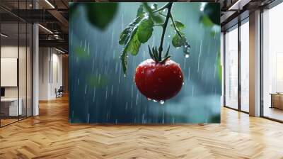 A red tomato dangles from a tree in the rain, surrounded by drops of water, evoking a serene, tranquil mood. Wall mural