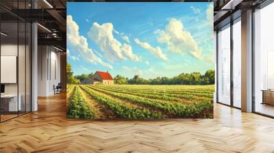 A rural landscape featuring neat crop rows, a farmhouse, and a bright blue sky with scattered clouds Wall mural