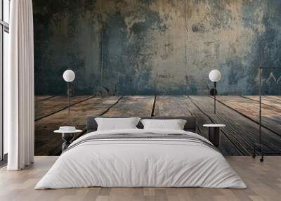 A rustic wooden floor with visible wear and a grungy, textured wall behind it, creating a moody, aged atmosphere. Wall mural