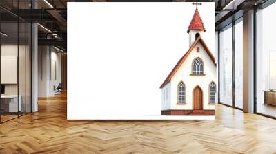 A small, picturesque town chapel building isolated on a white background, featuring traditional architecture and a cross atop the steeple. Wall mural