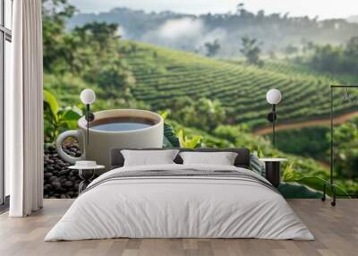 A steaming cup of black coffee resting on coffee beans, with a lush green coffee plantation stretching into the background. Wall mural