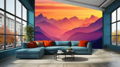 A stunning vector illustration of mountains silhouetted against a colorful sunset sky, featuring warm shades of orange, pink, and purple. Wall mural