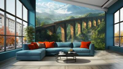 A train crosses an old, weathered bridge surrounded by lush green forests and towering mountains in the distance Wall mural