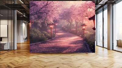 A tranquil park scene with a walkway surrounded by cherry blossoms and lanterns, casting soft light as petals fall gently onto the path. Wall mural