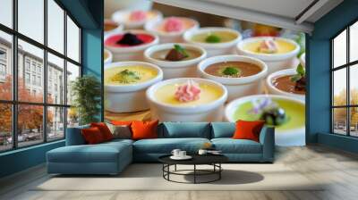 A variety of custard puddings in different flavors, such as vanilla, chocolate, and matcha, arranged on a dessert table Wall mural