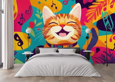 A vibrant poster featuring a happy cat surrounded by musical notes and playful patterns, radiating cheerfulness. Wall mural