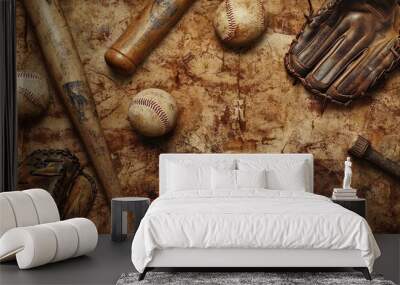 A vintage-themed baseball wallpaper with retro gloves, bats, and weathered leather baseballs, ideal for sports fans seeking classic, nostalgic designs. Wall mural