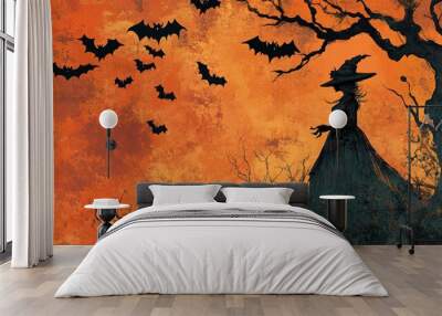 A witch with bats flying around in a spooky Halloween scene, featuring vintage, tattoo-inspired designs of trees and monsters. Wall mural