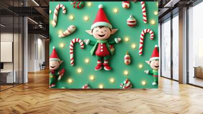 Adorable 3D pattern of Christmas elves, candy canes, and festive lights, adding a whimsical touch to holiday designs. Wall mural