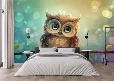 Adorable cartoon owl with big, bright eyes and a fluffy body, perched on a branch with a pastel background Wall mural