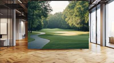 An empty golf course with a winding cart path, surrounded by tall trees and calm, peaceful surroundings. Wall mural