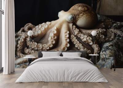 An octopus draped over a silk bedspread, its tentacles reaching out in a dreamlike fashion, Wall mural