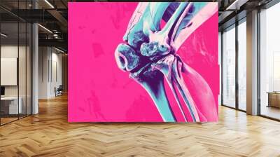 Anatomical illustration of the knee showing bones and joints, set against a vibrant pink background with bold contrasts Wall mural