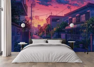 Anime street view at golden hour, vibrant mix of greenery, telephones, buildings, pink and red colors, stars Wall mural