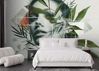 Art collage of a woman portrait intertwined with plant elements and geometric shapes, highlighting modern aesthetics and environmentally friendly practices Wall mural