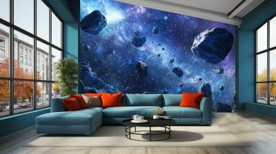 Asteroid belt in deep space, rocks floating in the vastness, evoking mystery and danger. Wall mural