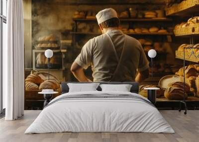 Back view of a baker in a warm, cozy bakery kneading dough, with freshly baked bread surrounding the work table, symbolizing culinary perfection Wall mural