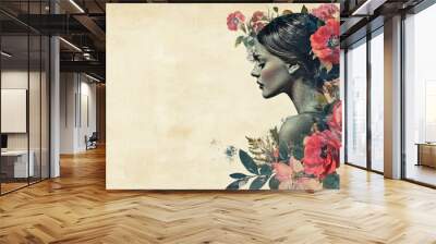 Beautifully composed vintage collage with a woman profile and floral arrangements, blending classic and modern elements Wall mural