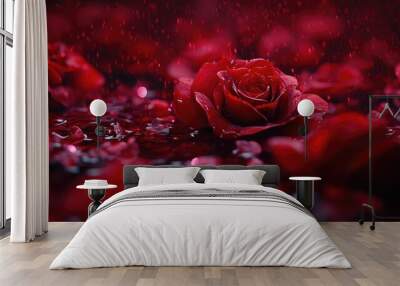 Blood rain falling on roses in a close-up, creating a powerful and evocative image with deep red tones. Wall mural