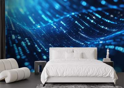 Blue binary numbers flow across a digital background, representing high-speed data transmission in modern internet infrastructure Wall mural