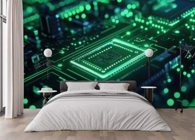 Bright neon green data streams in a motherboard circuit, creating a futuristic internet and network technology wallpaper Wall mural