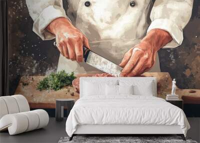 Chef with knife in hand, cutting meat on a board, captured in an illustrated scene of cooking preparation. Wall mural