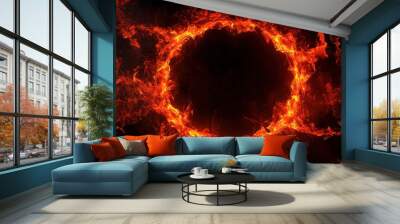 Circle of fire in vibrant shades of red and orange, flames in motion on a black background, creating an intense and powerful visual Wall mural