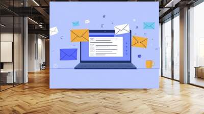 Clean and simple email list interface on a laptop screen with geometric envelopes, ideal for illustrating efficient organization. Wall mural