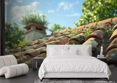 Close-up of a damaged terracotta roof with plants growing between tiles, with a clear sky and green trees in the background Wall mural