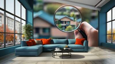 Close-up of a hand holding a magnifying glass over real estate listings, symbolizing the search for investment properties and mortgage deals Wall mural