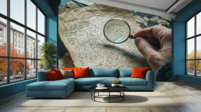 Close-up of a hand using a magnifying glass to examine an old, handwritten letter, symbolizing historical research and detail-oriented studies Wall mural