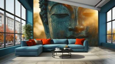 Close-up of a serene Buddha face bathed in soft sunlight, symbolizing peace and meditation at sunrise. Wall mural