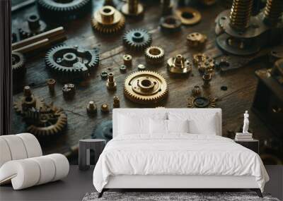 Close-up of brass and steel gears, nuts, and mechanical parts meticulously arranged on a wooden tabletop, exuding mechanical craftsmanship. Wall mural